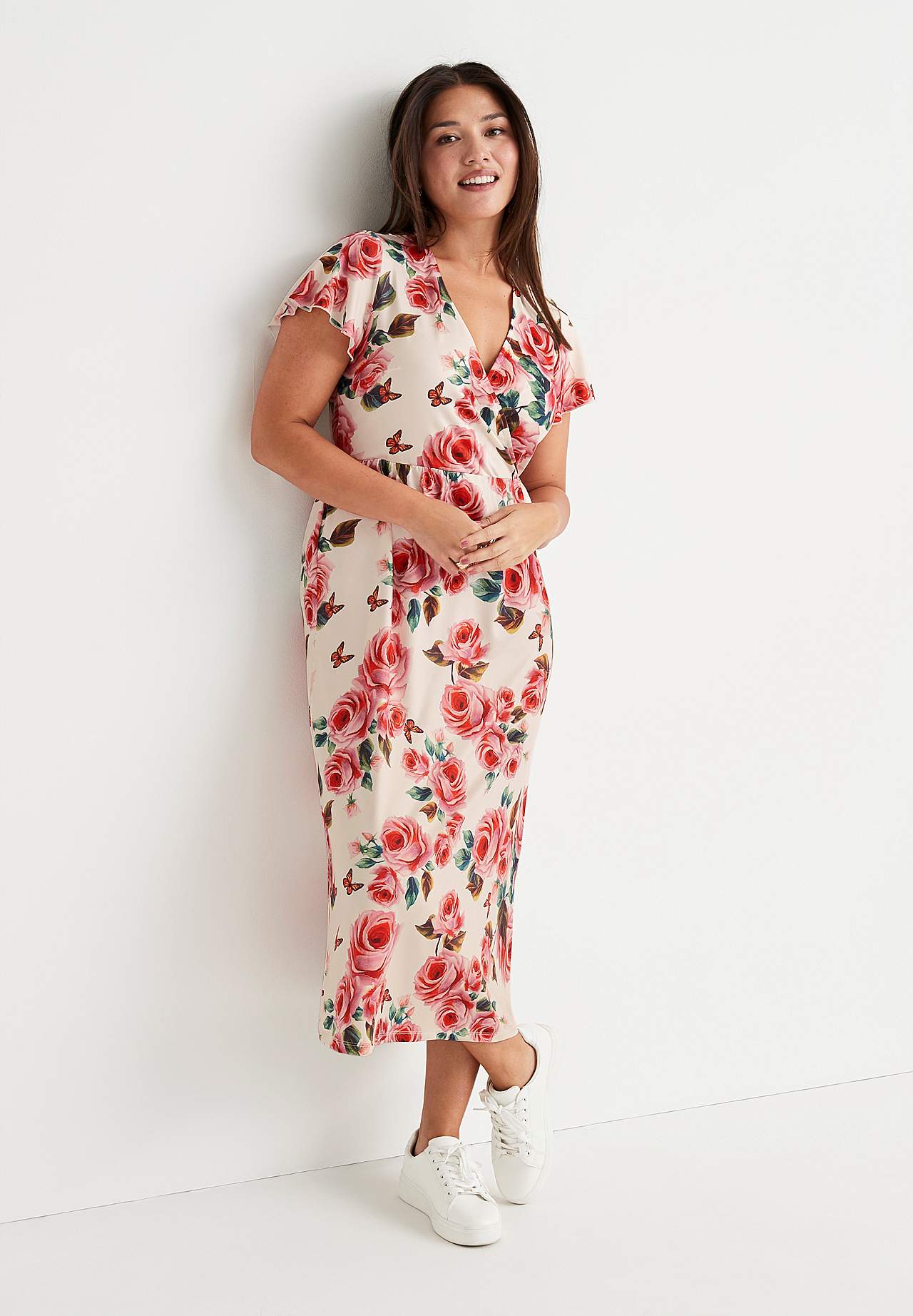 Patroonvormige maxi jurk met snijnaad aan de taille