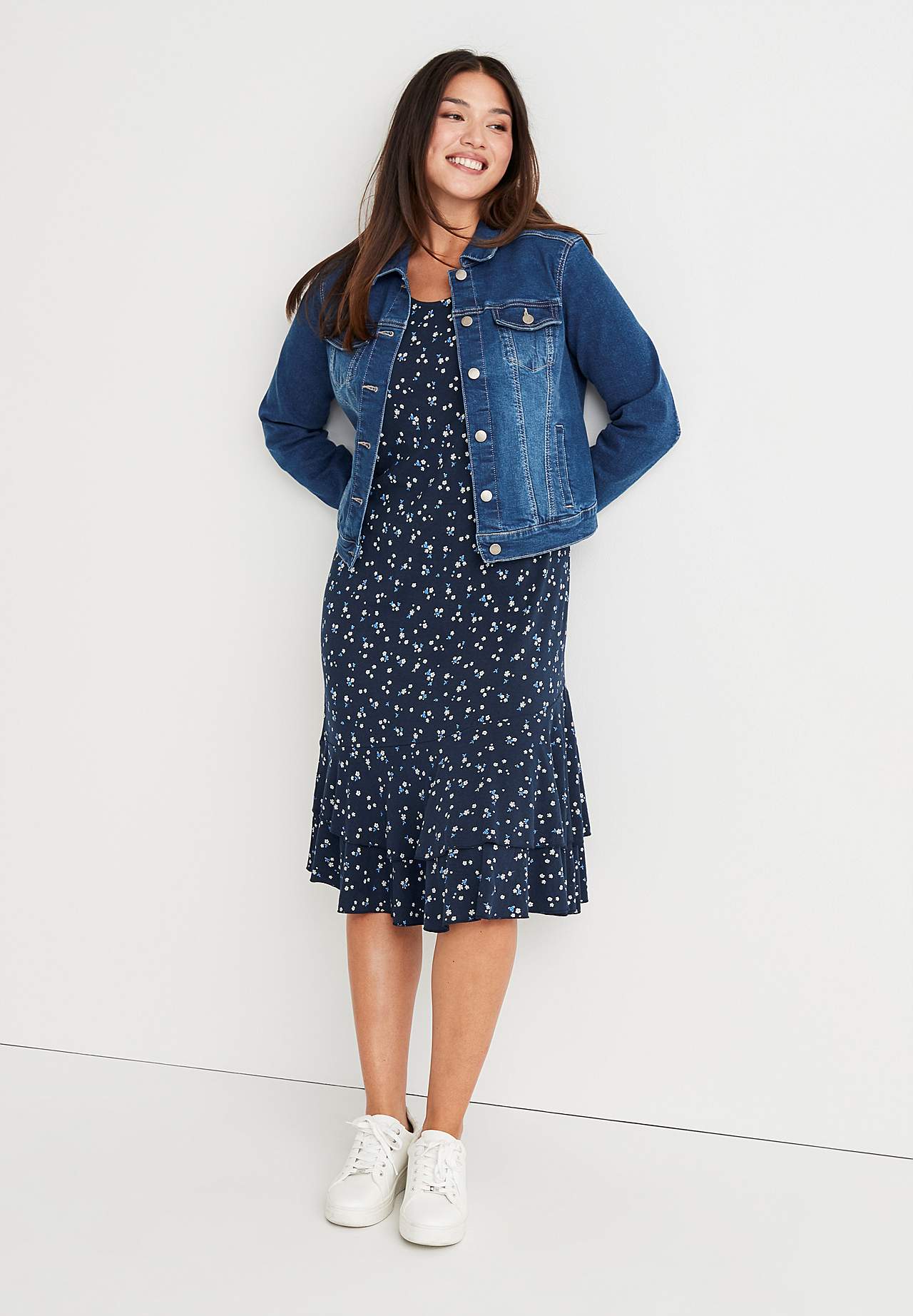 Patroonvormige jerseyjurk met ruches