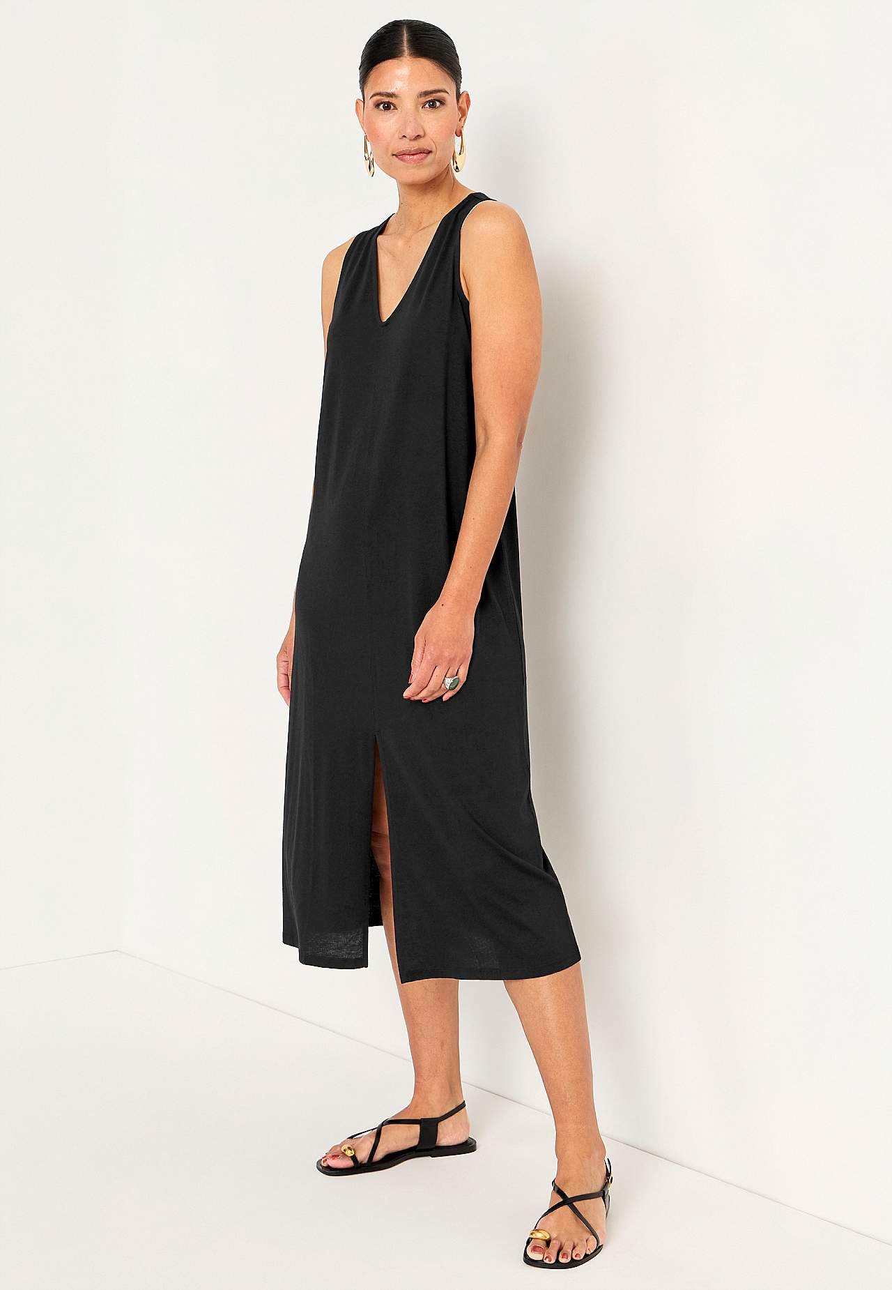 Mouwloze jerseyjurk met een v-hals