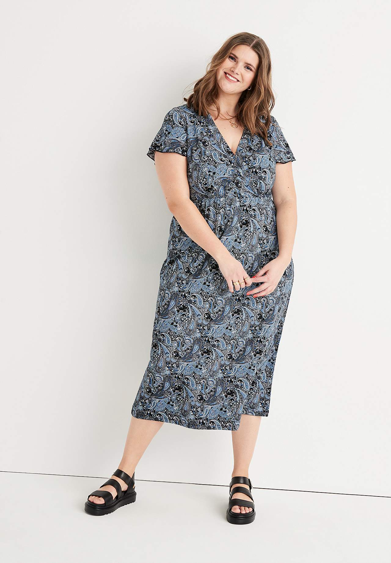 Patroonvormige maxi jurk met snijnaad aan de taille
