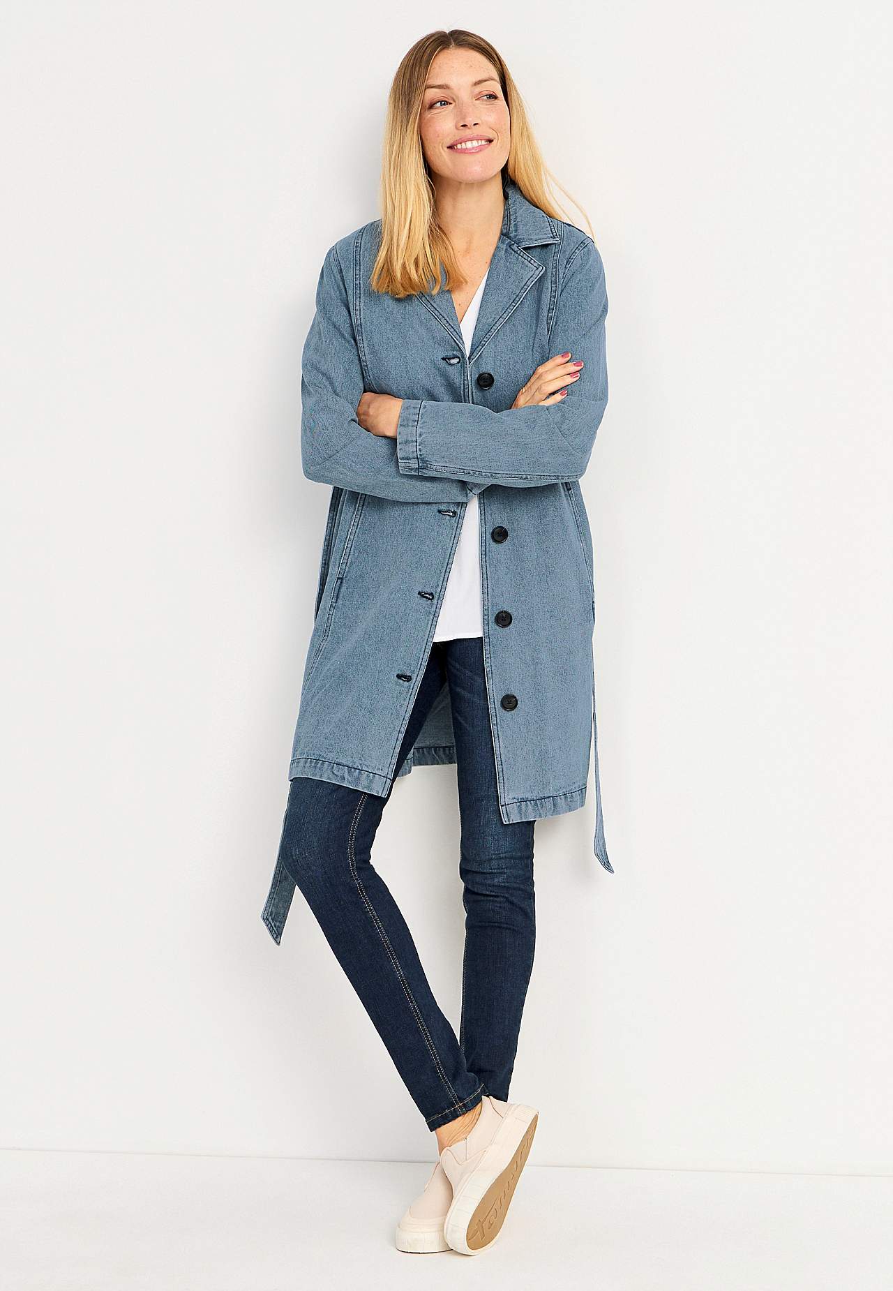 Jas van denim met riem stropdas