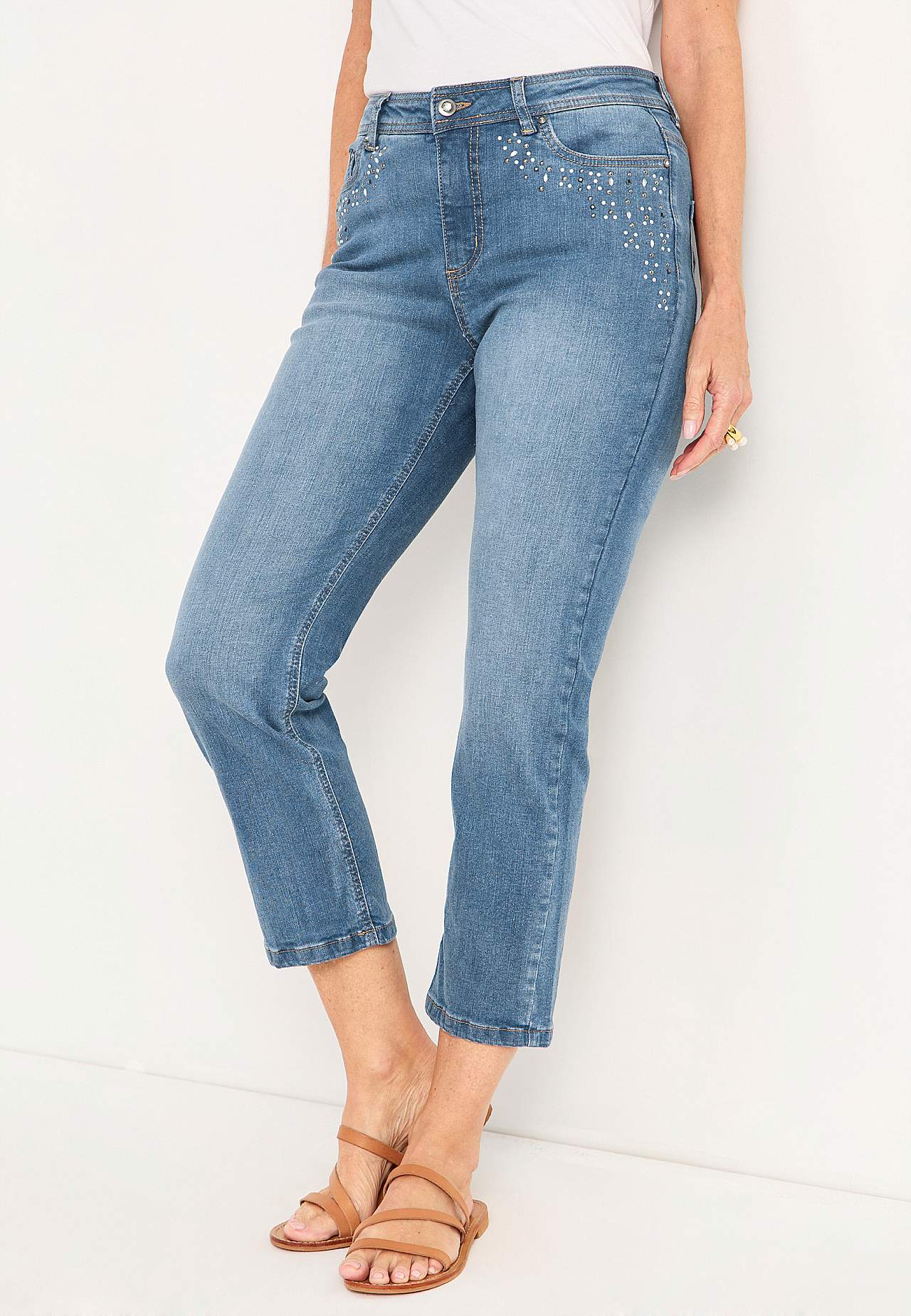 Enkeljeans met parelmoer en bergkristal