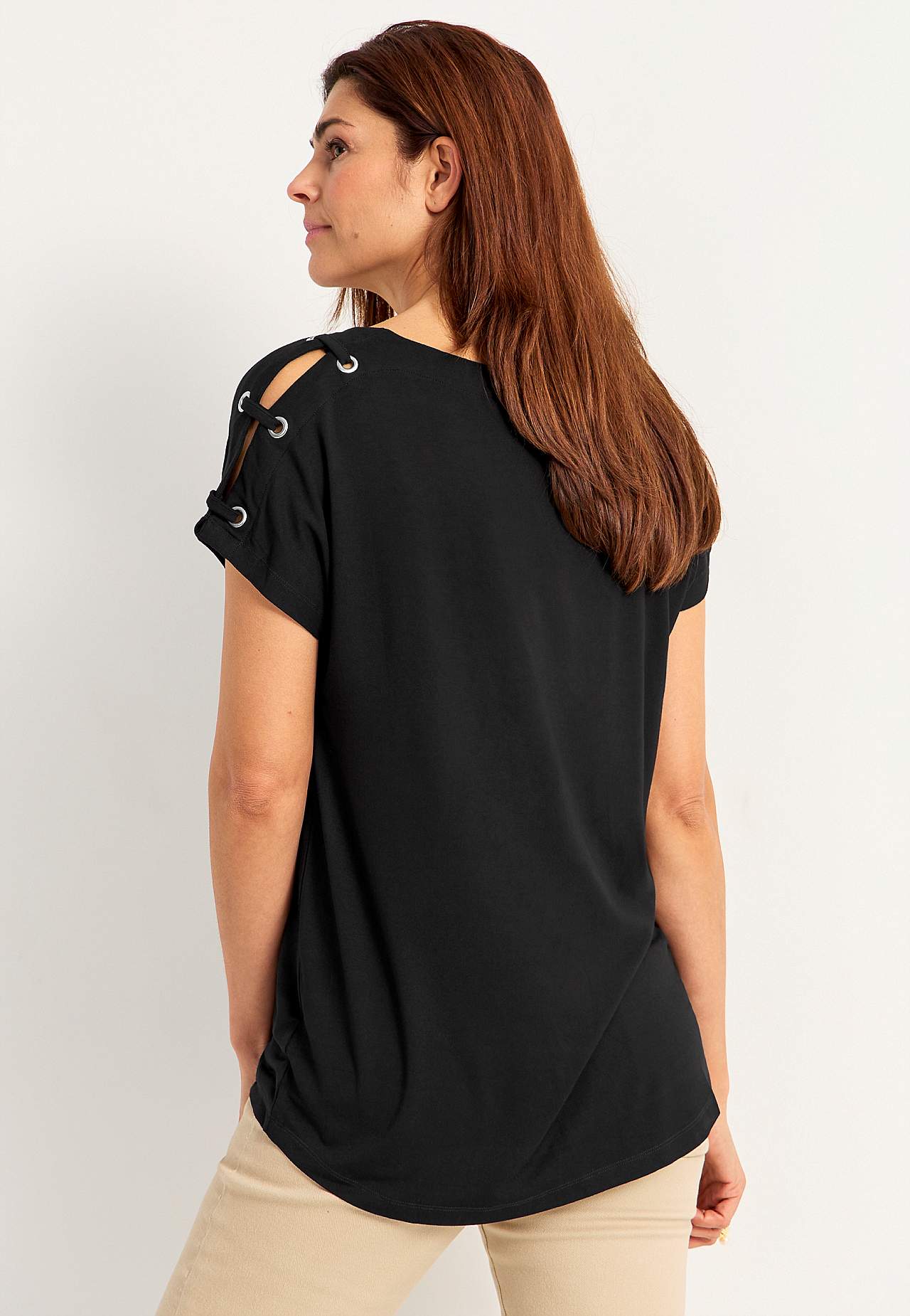 Jersey-topje met decor op de schouder