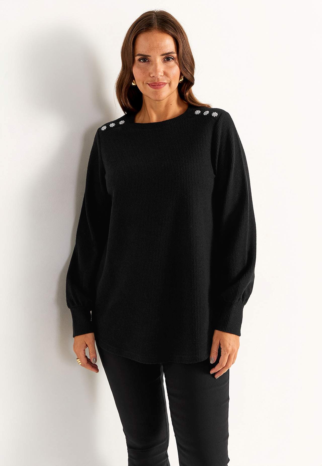 Geribbelde tuniek met strass-knopen