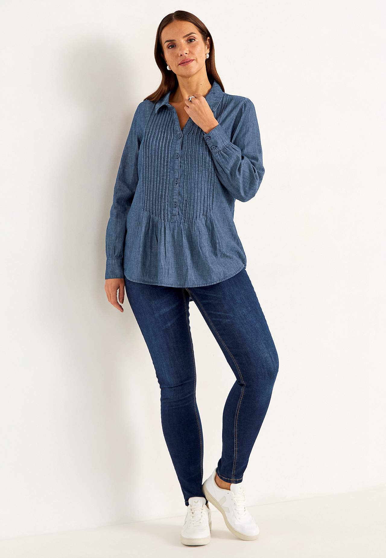 Denim blouse met genaaide plooien