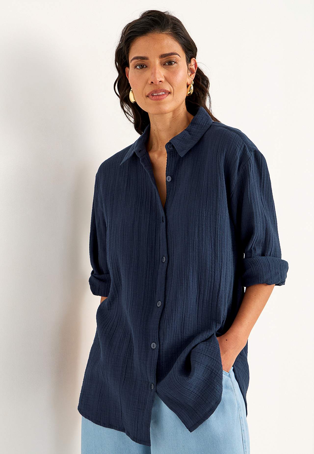 Lang shirt van gekreukt katoen
