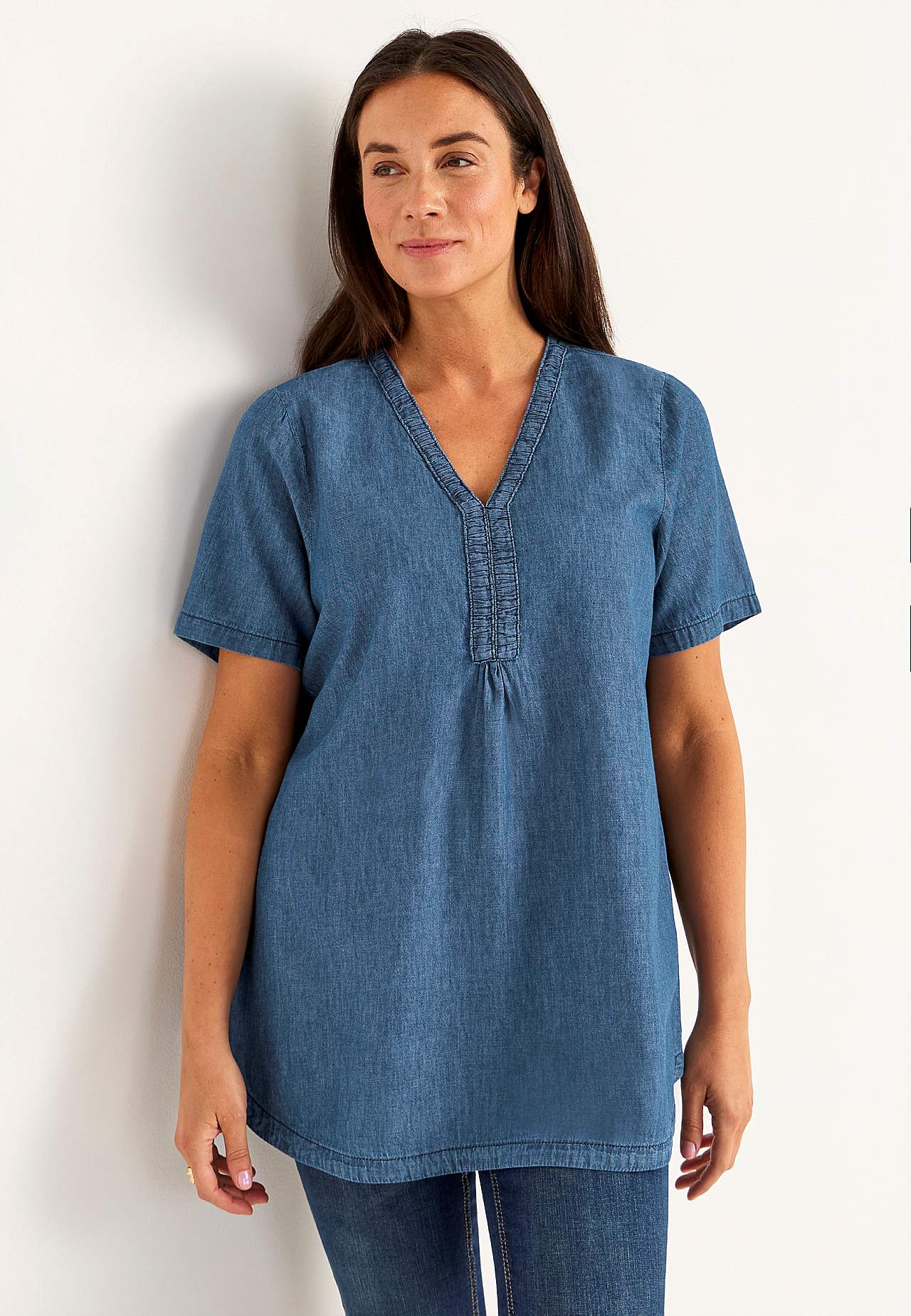 Denim tuniek met decoratieve v-hals