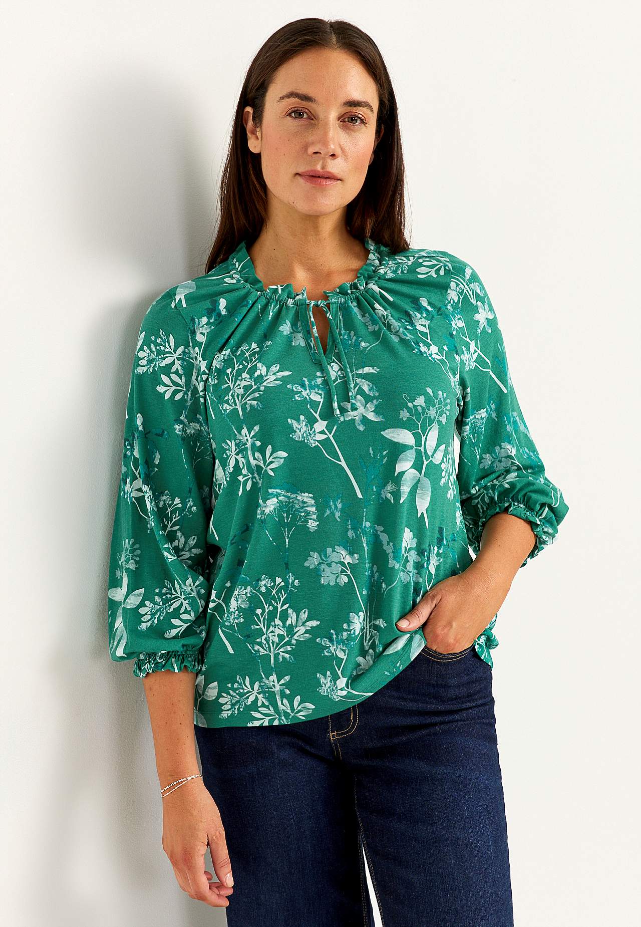 Jersey-topje met patroon met rand met ruches