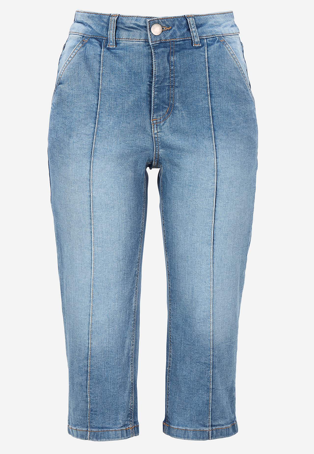 Elastische cropped jeans met gestikte vouw